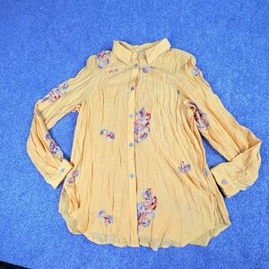 Fig And Flower Anthropologie‎ Blouse Womens M Yellow Embroidered Boho Fairycore